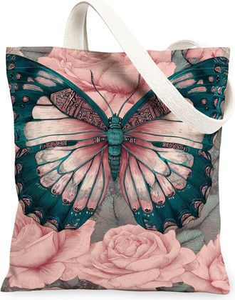 Generic Butterfly Floral Canvas Tote Bags, Stylish Insect Flower Design Reusable Grocery Bags, Spring Vintage Lightweight Washable, Peach, 13x15 Inch