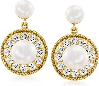 Ross-Simons 5.5-8.5mm Cultured Pearl Circle Drop Earrings With White Topaz in 18kt Gold Over Sterling