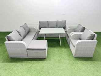 Fimous Rattan High Back Lounge Sofa Set with Reclining Chairs 2 Side Tables in Light Grey
