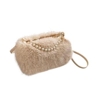 Generic Womens Plush Bags Candy Color Pearl Handle Womens Plush Crossbody Bag Portable Female Furry Handbags Winter Casual Ladies Shoulder Bags(Khaki)