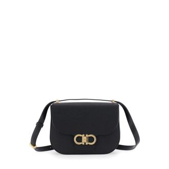 Ferragamo Black Crossbody Bag With Double Gancini Plaque On The Front In Grained Leather Woman