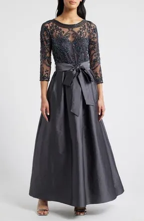 Pisarro Nights Beaded Illusion Neck Taffeta Cocktail Dress in Slate at Nordstrom Rack, Size 10