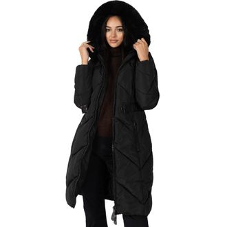 Lovedrobe Womens Winter Jacket Ladies Coat Quilted Padded Faux Fur Hood Belted Puffa Zip Front Pockets Puffer Outerwear, Black, 14