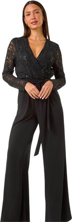 Roman Womens Sequin Lace V-Neck Stretch Jumpsuit - Black - Size 20 UK