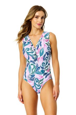 Anne Cole Womens Corallo Paisley V Neck Snap Front One Piece Swimsuit at Nordstrom, Size 12
