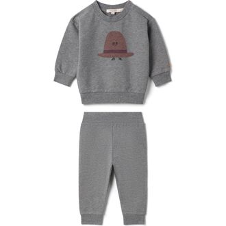Fragile 2 Piece Hat Print Fleece Sweatshirt & Pants in M Grey Mix/rosette at Nordstrom, Size 18M