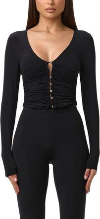 Naked Wardrobe Ruched Button-Up Knit Top in Black at Nordstrom, Size X-Small