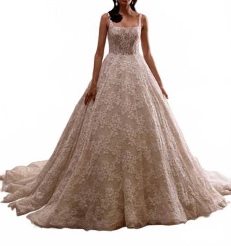 Demetrios Laced A Line Wedding Gown In Ivory/sheer/nude