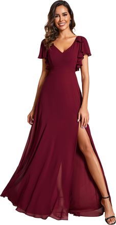 Ever-pretty Red Prom Dresses Ruffles Sleeve A-Line High Split Chiffon Maxi Bridesmaid Dresses Burgundy 14UK