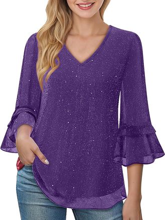 Generic Sequin Tops for Women UK - Sparkly Elegant Blouses, 3/4 Flared Sleeve V Neck Tunic Top, Ladies Loose Double Layers Mesh Shirts, Glitter Casual Baggy T