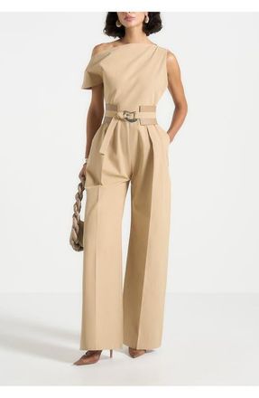 Mani&egrave;re De Voir Valerie Tailored Off Shoulder Jumpsuit With Belt in Beige at Nordstrom, Size 12