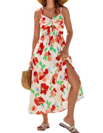 Grace Karin Women Casual A-Line Floral Dresses Spaghetti Strap Flowy Maxi Summer Dress for Party Evening Beach S Red Floral