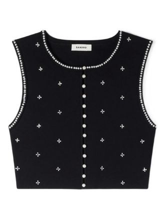 Sandro floral strass&eacute; cropped top - women - Viscose/Polyester/Polyamide/Spandex/Elastane - 3 - Black