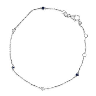 House of Brilliance 14K White Gold Alternating Blue Sapphire and Diamond Bezel Station Chain Bracelet - Size 7.5 inch