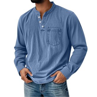 Generic Mens Shirts Henley Shirts for Men Water Washed Long Sleeve Rugby Polo Shirt Casual Distressed V Neck Pullover Sweatshirts Pocket Blue 5X-Large