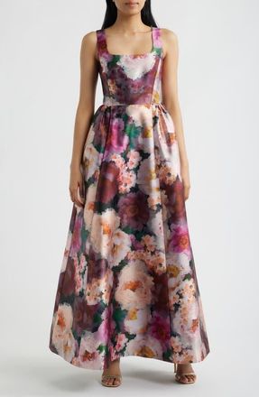 Julia Jordan Floral Print Mikado Gown in Pink/Wine Multi at Nordstrom, Size 14