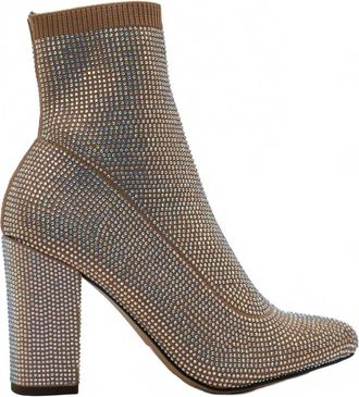 Wildpair Womens Baybe Rhinestone Block Heel Sock Booties In Nude Bling