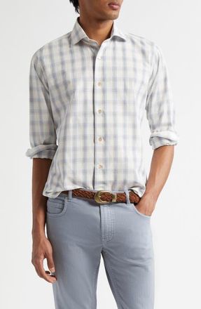 Eleventy Dandy Plaid Cotton & Linen Button-Up Shirt in Denim at Nordstrom, Size X-Large