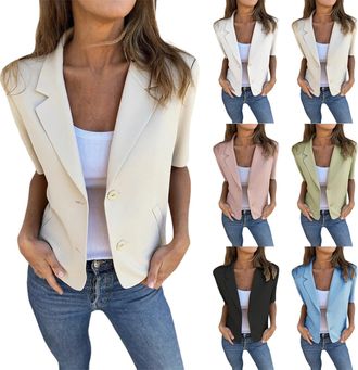 Generic Blazer Womens Elegant Short Sleeve Festive Summer Blazer Women Plain Short Blazer with Pockets Turn-Down Collar Blazer Jacket Lightweight Jacket Sweat