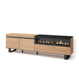 Skraut Home Mueble tv efecto madera roble y negro 200x35x57 chimenea efecto fuego