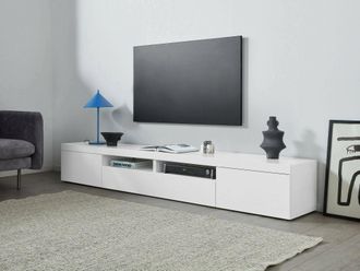 Dmora Dmora - Mueble Tv Ulisse, Aparador Bajo De Sal&oacute;n Con 3 Puertas, Base Mueble Tv, 240x40h35 Cm, Blanco Brillo, Con Embalaje Reforzado