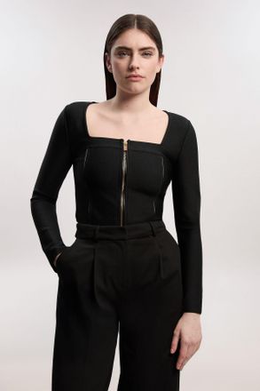 Karen Millen Womens PU Tipped Detail Zip Through Bandage Knit Top - Black - Size 12 UK