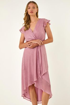 Roman Shimmer Plisse Wrap Front Midi Dress