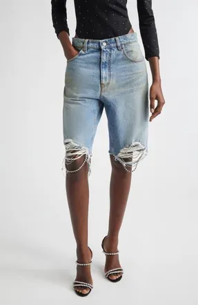 Area Crystal Frayed Cutoff Shorts in Medium Blue at Nordstrom, Size 28