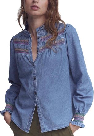 Boden Esme Smocked Denim Frill Top