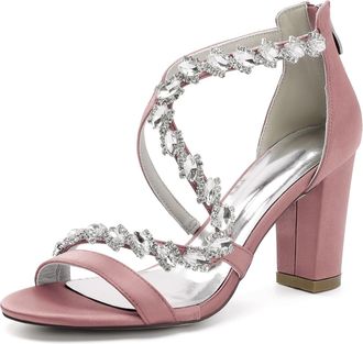Generic Womens Open Toe Block Heel Sandals Bridal Crystal Wedding Dress Shoes Ankle Strap Prom Party Wedding Pump Sandals 8.5Cm,Nude Pink,10 UK