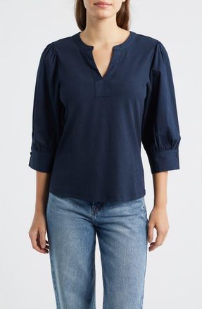 Wit & Wisdom Mixed Media Puff Sleeve Top in Navy at Nordstrom, Size X-Large