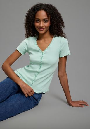 Kangaroos T-Shirt KANGAROOS, Damen, Gr. 32/34, hellgr&uuml;n, Rippware, Obermaterial: 100% Baumwolle, unifarben, figurbetont h&uuml;ftlang, V-Ausschnitt, gewellter Abschl