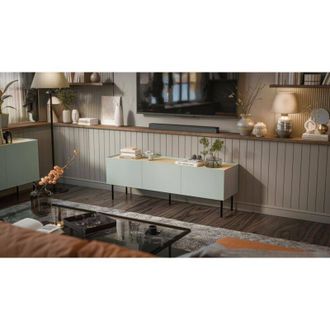 Dmora Mueble De Tv Calanna, Aparador De Sal&oacute;n Con Tres Puertas Batientes Y Tres Compartimentos Interiores, Elevado Del Suelo, 150x40 H52 Cm, Verde Y Roble