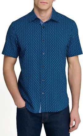ConStruct Slim Fit Falling Feathers Seersucker Short Sleeve Shirt in Navy/green at Nordstrom, Size Xx-Large