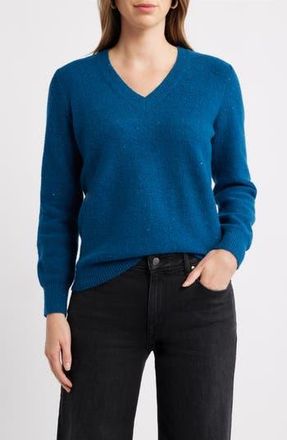 Caslon Sequin V-Neck Sweater in Blue Poseidon at Nordstrom Rack, Size Medium