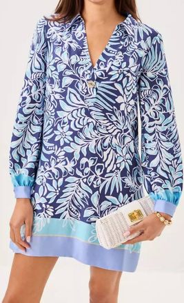 Lilly Pulitzer Iralanne Long Sleeve Popover Shirt Dress In Sapphire Pool Summer Shorelines Engineered