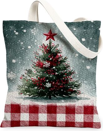 Generic Christmas Tree Canvas Tote Bags, Festive Winter Holiday Pattern Reusable Shopping Bags, Rustic Country Style Lightweight Washable Canvas for Travel Be