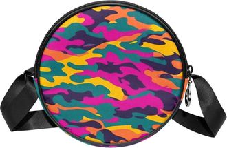 Generic Circle Crossbody Bag for Women, Colorful Camouflage Small Sling Bag Daypack with Zipper Adjustable Shoulder Straps Casual Ladies Girls Round Purse