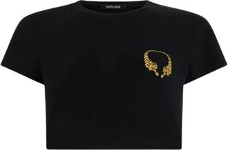 Roberto Cavalli Cotton Crop Top met Tijgers - Dames - T-shirts - Zwart - XS - Katoen - Tops