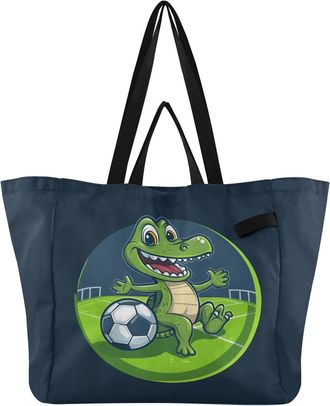 Generic Alligator Soccer Ball Blue pattern Reusable Canvas Tote Bag, Heavy Duty Grocery Shopping Bag with Double Handles Hard Bottom Large Capacity Work Groce