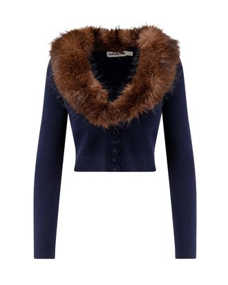 Self Portrait Cropped Faux Fur Collar Knit Cardigan