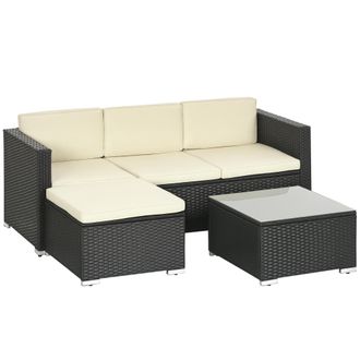 OUTSUNNY Conjunto De Muebles De Rat&aacute;n De Jard&iacute;n Sof&aacute; De 3 Plazas Con Cojines Acolchados Mesa De Centro Con Tablero De Vidrio Templado Y Reposapi&eacute;s