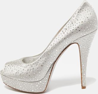Loriblu Silver Satin Crystal Embellished Peep Toe Platform Pumps