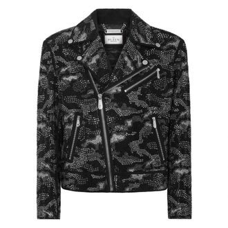 Philipp Plein Strass Leren Bikerjack Camouflage - Heren - Leren en Su&egrave;de Jassen - Zwart - M - Leer - Jassen