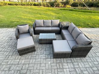 Fimous 9 Seater Rattan Lounge Sofa Set Outdoor Garden Furniture Set with Rectangular Coffee Table 3 Seater Sofa 2 Big Footstool Side Table