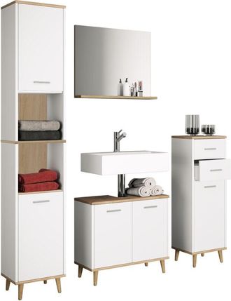VCM 4 pcs Muebles de baño Muebles de baño Conjunto de gabinete inferior, Midischrank, gabinete alto y espejo Muebles de baño - Landos (blanco / roble de