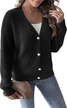 Generic Cardigan Women,Soft Fluffy Cardigans for Women Sweater Tops V Neck Knitted Jacket Comfy Plain Knitwear Long Sleeve Button Up Jumpers Winter Thermal Fu