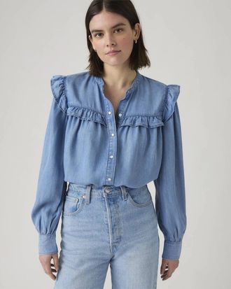 Levi's Gianna Top Women Blue Ruffle Trim Standard Fit Long Sleeve Blouse JAX1 8