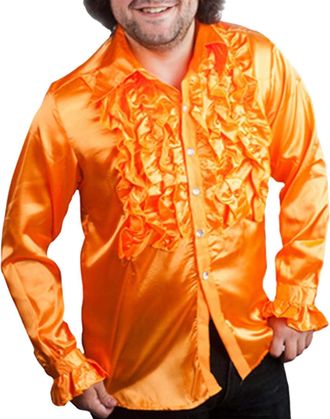 Generic Mens 70s Disco Shirts Satin Ruffle Shirts Disco Party Shirts Shiny Metallic Long Sleeved Shirts Lapel Button-Down Shirts Sparkle Shirts Glitter Shirts