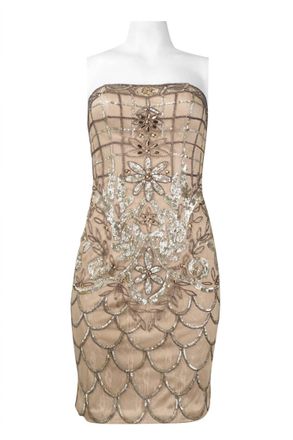 Sue Wong Strapless Sequined Scalloped Sheath Dress In Beige